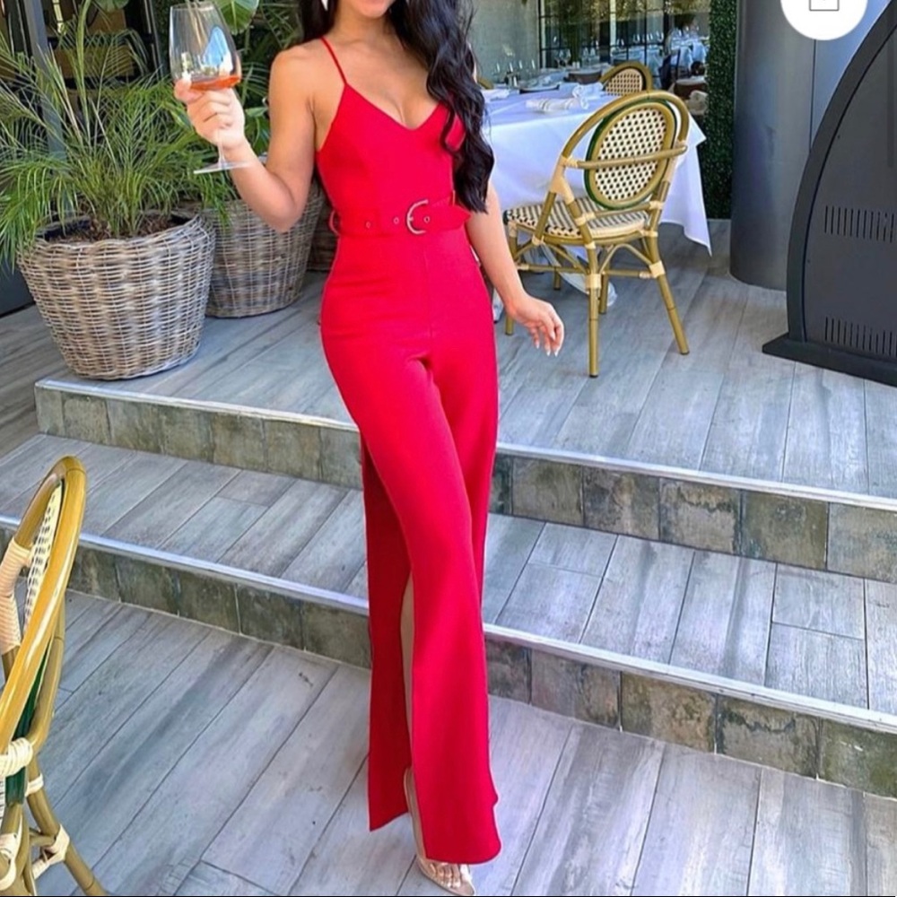 EXPRESS Red Jumpsuit s high leg slit
